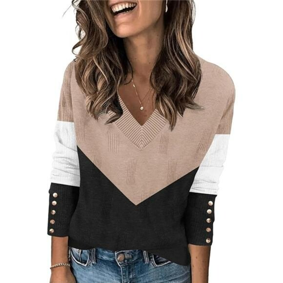 Womens v neck ribbed knit sweater long sleeve lightweight button top blouse - Picture 6 of 6